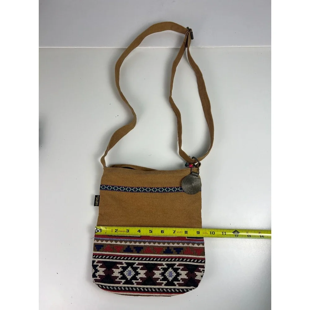 Carori Tan Canvas Aztec Tribal Print Crossbody Bag Boho Festival‎